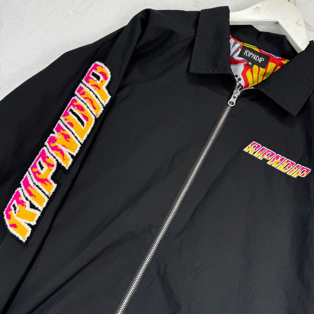 RIPNDIP Racing Team Work Jacket Mens XL Black Ripstop Chenille Patch Full‎ Zip